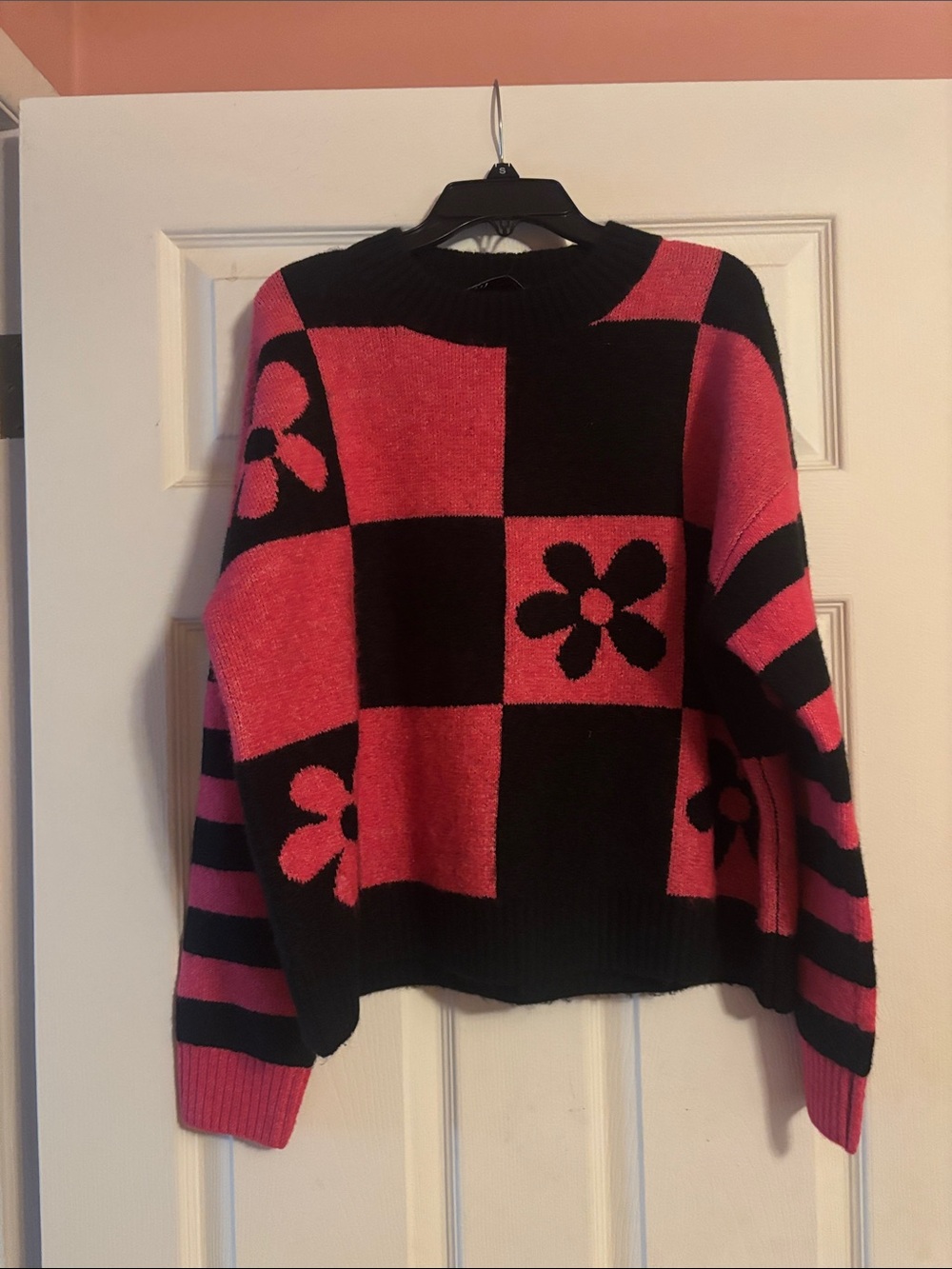 Zara Pink and Black Checker/Stripe Floral Crewneck Sweater